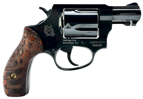 Heritage Roscoe Small 38 Special +P, 5 Shot, 3" Black Polished Alloy Steel Barrel, Cylinder & Frame, Custom Designed Wood Grip Stars & Stripes, Transfer Bar Safety, Exposed Hammer