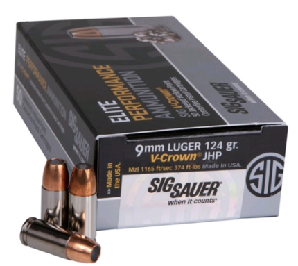 Sig Ammo 9mm 124gr, JHP, Elite V-Crown, 50rd Box
