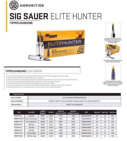Sig Elite Tipped Hunting, 308 Winchester, 165gr, Ballistic Tip, 20rd Box