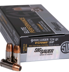 Sig Ammo 9mm 124gr, JHP, Elite V-Crown, 50rd Box