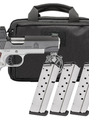 Springfield 1911 Ronin AOS Optic Gear Pac 45 ACP 4.25" Match Grade Barrel, Blued Serrated Slide, Crossed Cannon Laminate Grip, Viridian RFX-11 Green Dot, 9 Rd